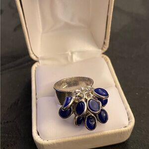 Elegant Artisan Sterling Silver and Rich Blue Stones Women's Ring Size 7.25